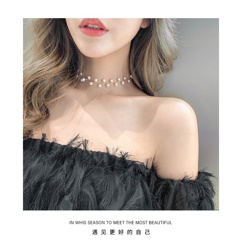 Vòng Cổ Nữ Choker Dây Chuyền Cổ Đính Hạt Cao Cấp - Màu Trắng/Đen