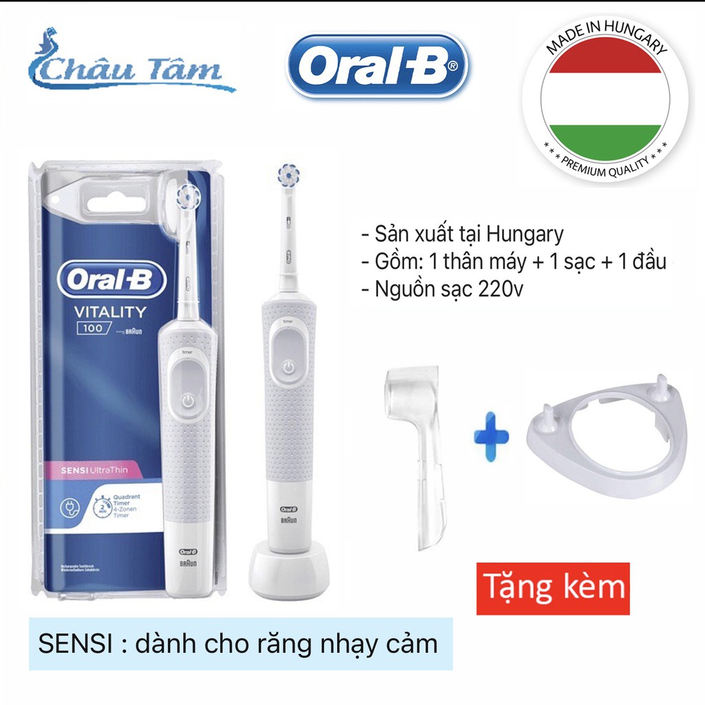 Bàn chải đánh răng điện tự động Oralb Vitality 100 Sensi cho răng nhạy cảm +tặng kèm 1 khay 1 nắp bảo vệ đầu