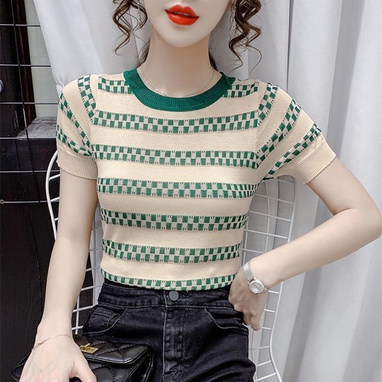 Áo Thun Dệt Kim Tay Ngắn Cổ Tròn Phong Cách Thời Trang Hàn Quốc Mới