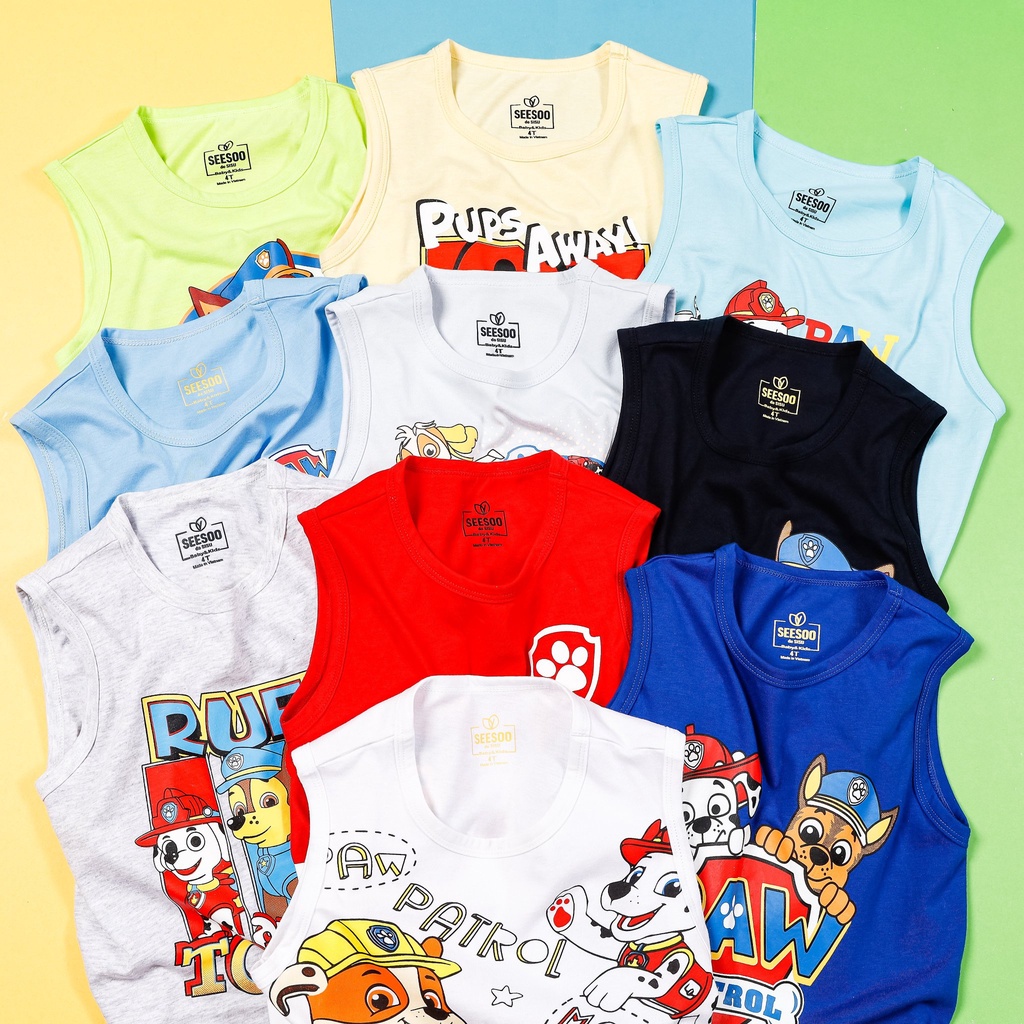 Bộ ba lỗ trẻ em, quần áo sát nách bé trai đội chó cứu hộ Pawpatrol chất liệu cotton cao cấp, mềm mịn size từ 10 đến 25kg