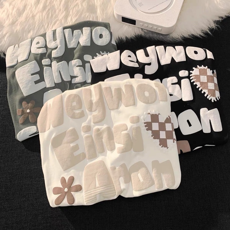 Áo thun cotton tay lỡ dáng rộng in dập phồng - Aron