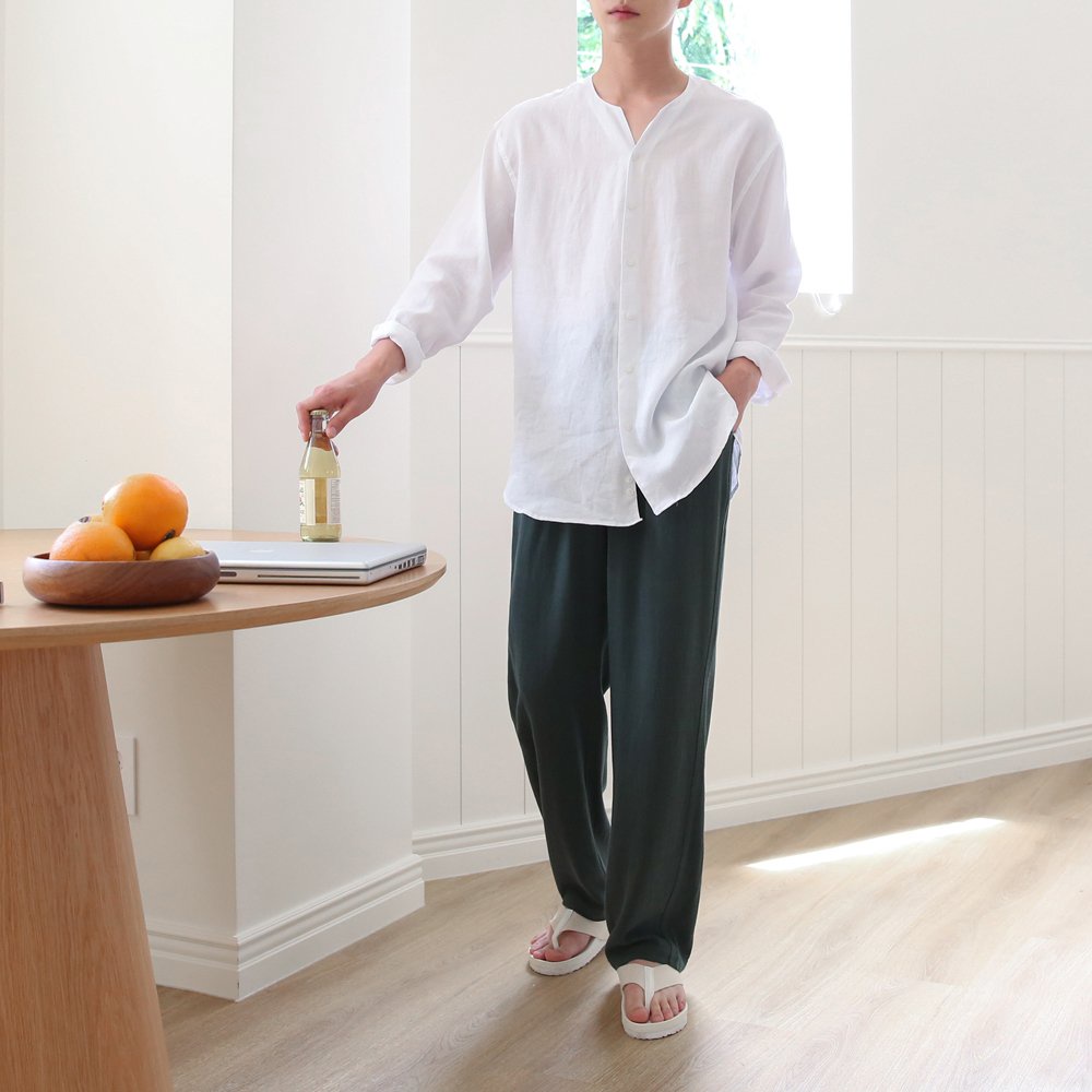 Áo sơ mi nam màu trắng cổ tàu dài tay, chất vải linen dệt mềm mại, thấm hút mồ hôi tốt - SEOUL
