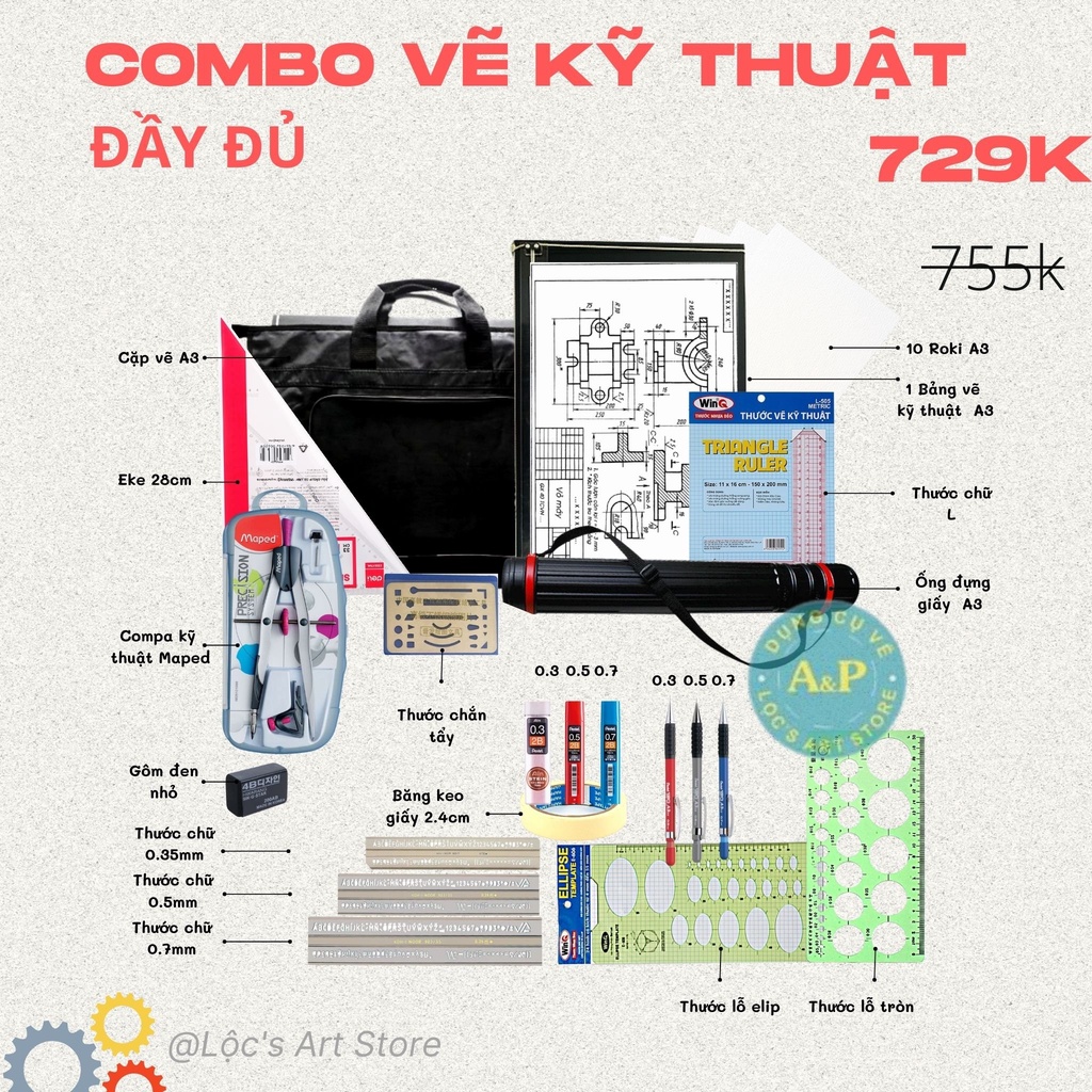 [Lộc's Art Store] Combo vẽ kỹ thuật đầy đủ cho sinh viên kỹ thuật xây dựng và kiến trúc