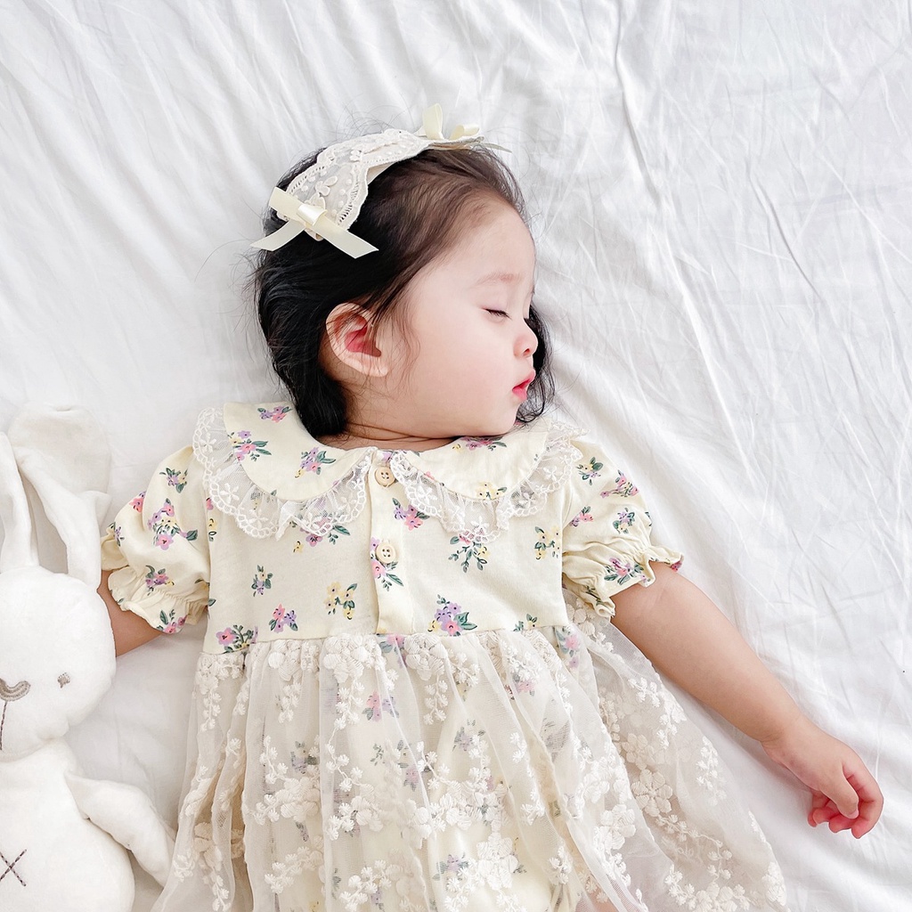 Áo Liền Quần Kiểu Đầm Liền Thân Phối Ren Hoa Thời Trang Mùa Hè Dành Cho Bé Sơ Sinh 2130