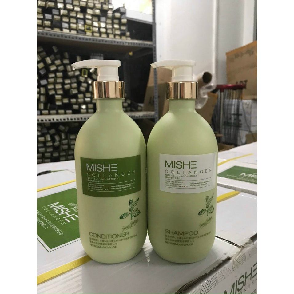 Bộ Dầu Gội Xả MISHE Cổ Vàng Hương Bạc Hà Trà Xanh, Kiềm Dầu, Phục Hồi Tóc, Sạch Gàu 800mlx2 - Hàng Chính Hãng