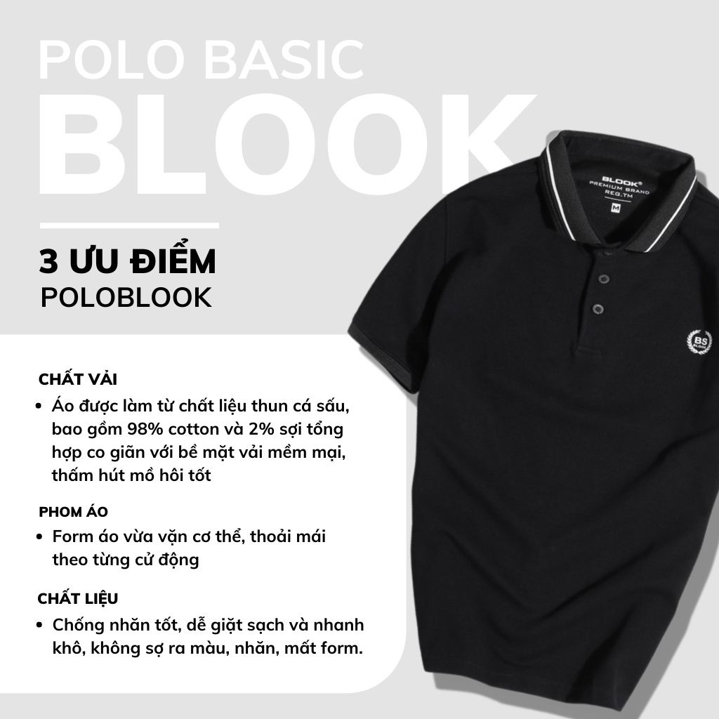 Áo polo nam premium BLOOK Vải thun gân cá sấu màu Đen in logo BS sang trọng mã 33291 (HÌNH THẬT)