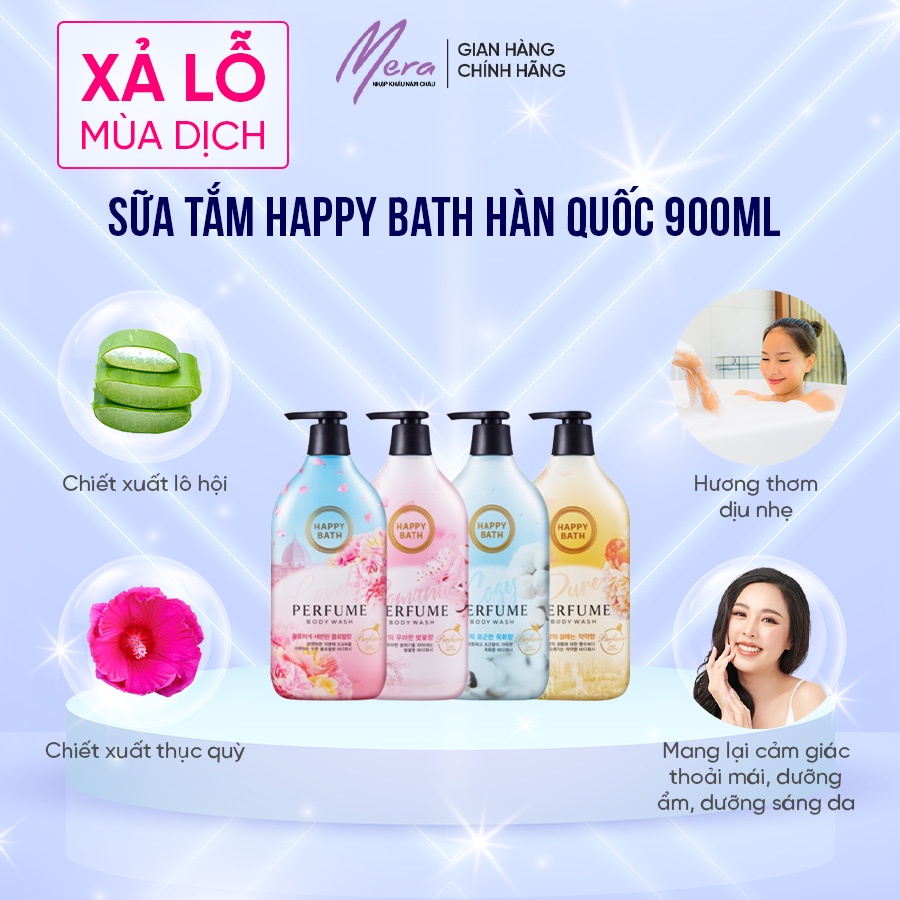 Sữa tắm Happy Bath Hàn Quốc 900ml chăm sóc dưỡng ẩm da chuyên sâu, hương hoa quả ngọt ngào