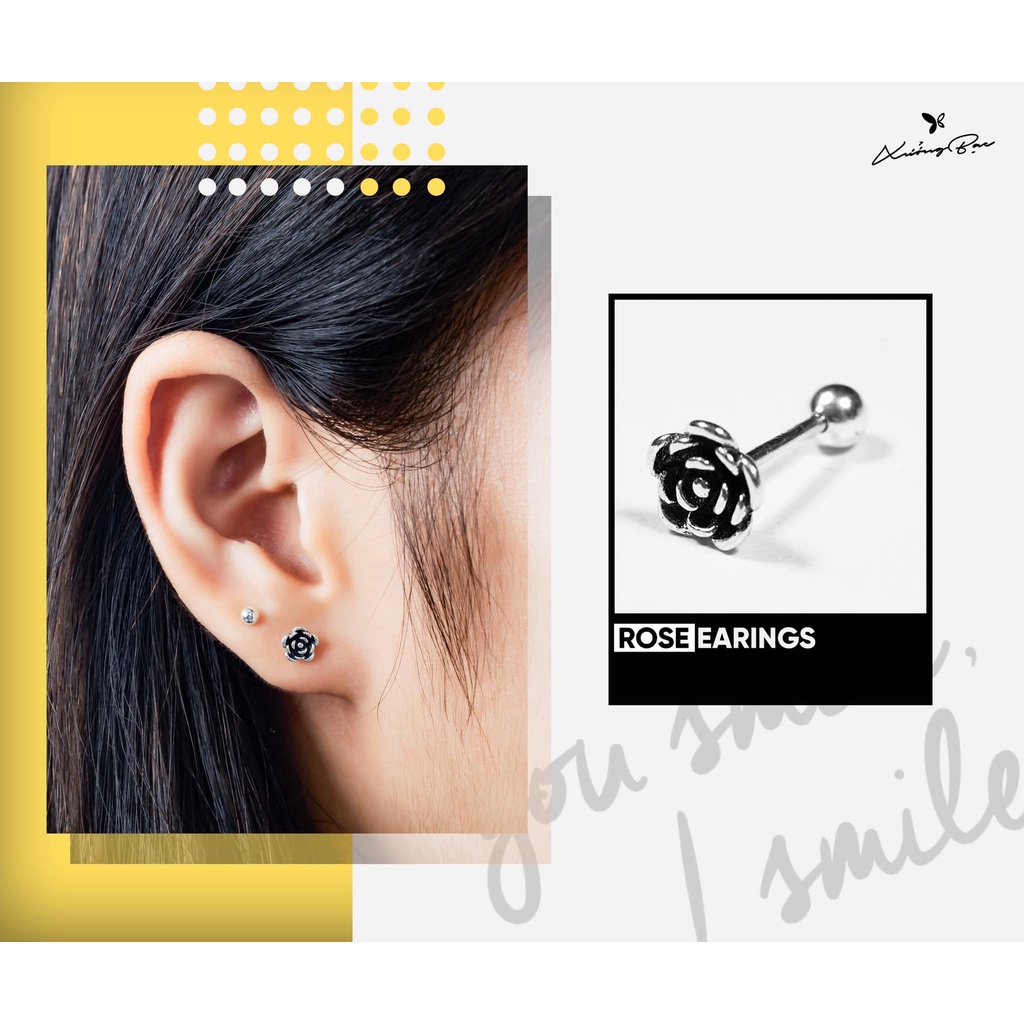 Khuyên tai nụ họa tiết hoa hồng Xưởng Bạc, Bông tai bạc nữ đeo vị trí hellix, tragus, conch KCV12.110