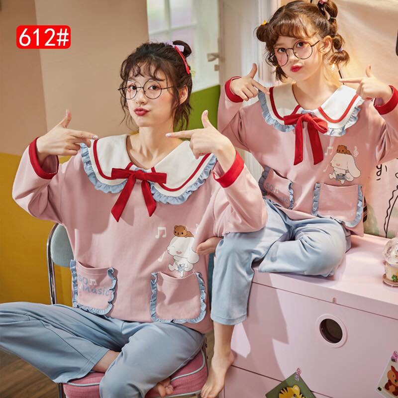 612 Bộ dài cổ trắng nơ đỏ Mẹ và bé mặc nhà vừa dễ thương lại mềm mại dễ chịu