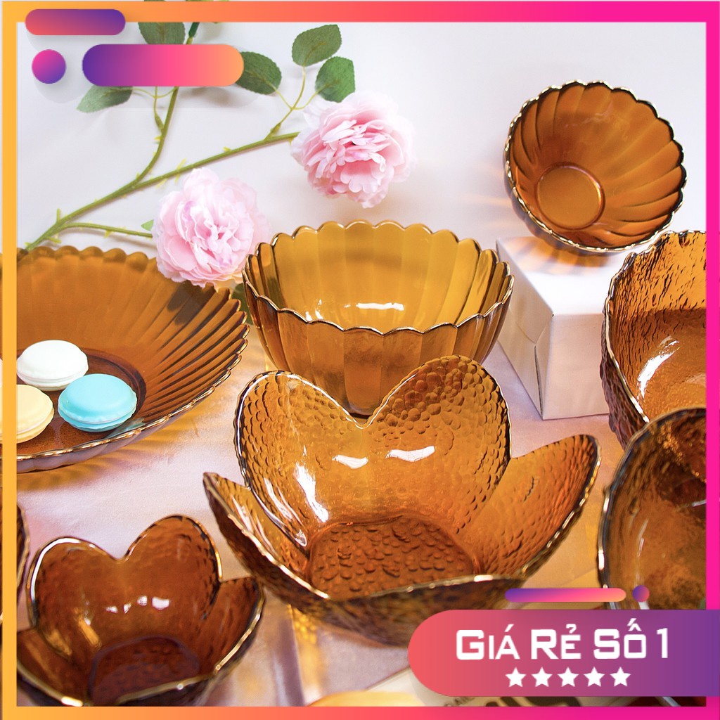 Bộ bát đĩa Thủy Tinh ️🎈️🎈 MÀU CAM ️🎈️🎈 Bộ Đĩa decor nhà bếp 💚 Set đĩa vỏ sò đáng yêu