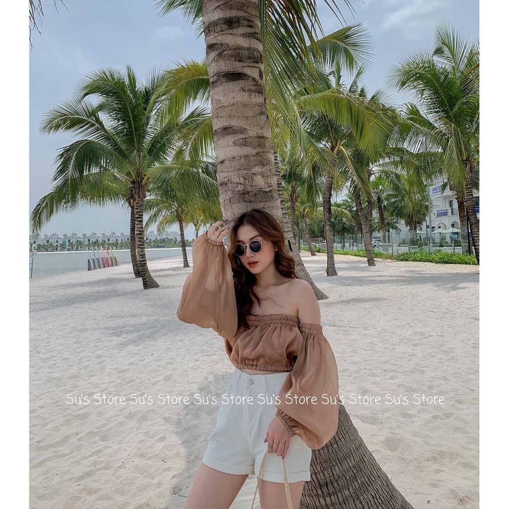 ÁO TRỄ VAI CROPTOP ORGANZA VOAN TƠ BE ĐEN TRẮNG - ÁO CROPTOP TRỄ VAI DÀI TAY GIẤY XƯỚC ULZZANG