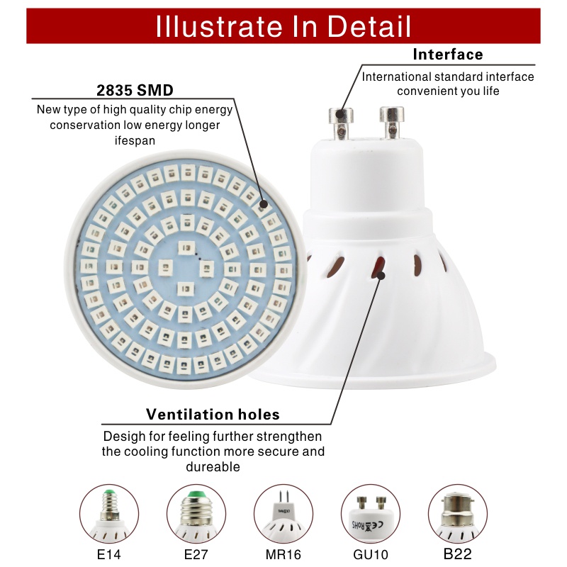 Bóng Đèn Led Trồng Cây Thủy Canh E27 E14 GU10 MR16 G5.3 220V 3w 4w 5w