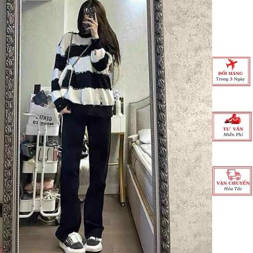 Áo len nữ oversize phom rộng giấu quần kẻ ngang đen trắng ulzzang Hàn Quốc mùa thu đông