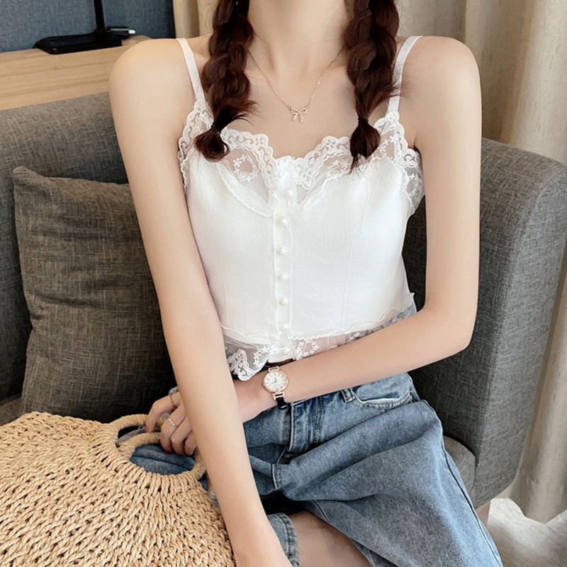 Áo Croptop Hai Dây Mỏng Màu Trơn Cài Nút Trước Phối Ren Gợi Cảm Thời Trang Mùa Hè Cho Nữ