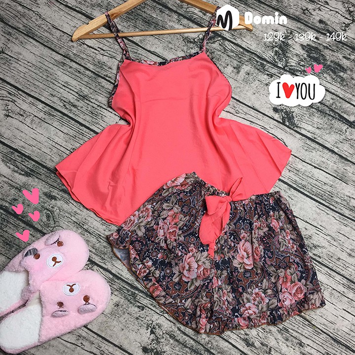 Đồ Bộ Mặc Nhà Ngắn 2 Dây Áo Phi Lụa Quần Voan Thoáng Mát Mềm Mịn Không Nhăn - DOMIN