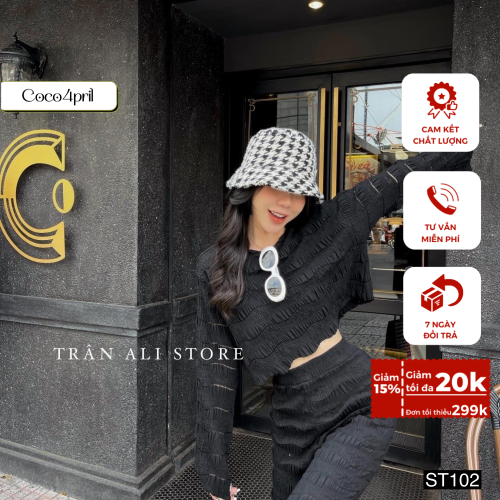 Set áo croptop ren dài tay kèm quần dài ống loe tôn dáng form chuẩn ST102