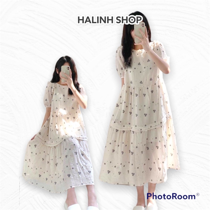 Váy Đầm Nữ Babydoll Hoa Nhí - Halinh Shop - Váy Babydoll Tầng 2 Lớp Cổ Tròn Mặc Mùa Hè Đi Biển size S M