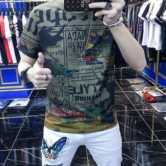 Áo thun tay ngắn lửng dáng ôm in hình thời trang mùa hè châu Âu thịnh hành cho nam