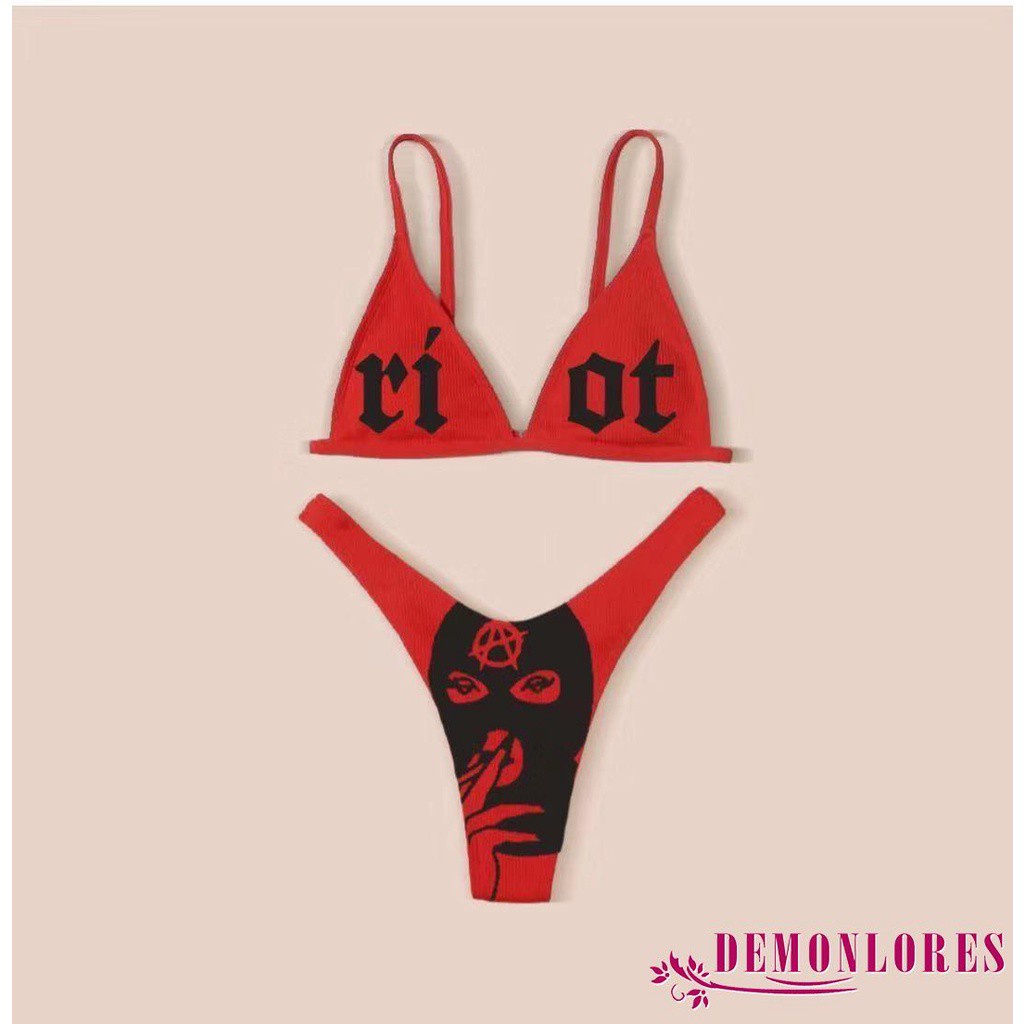 Bộ Bikini 2 Mảnh Cổ Chữ V In Họa Tiết Vui Nhộn Có Đệm Ngực Tháo Rời Được Dành Cho Nữ