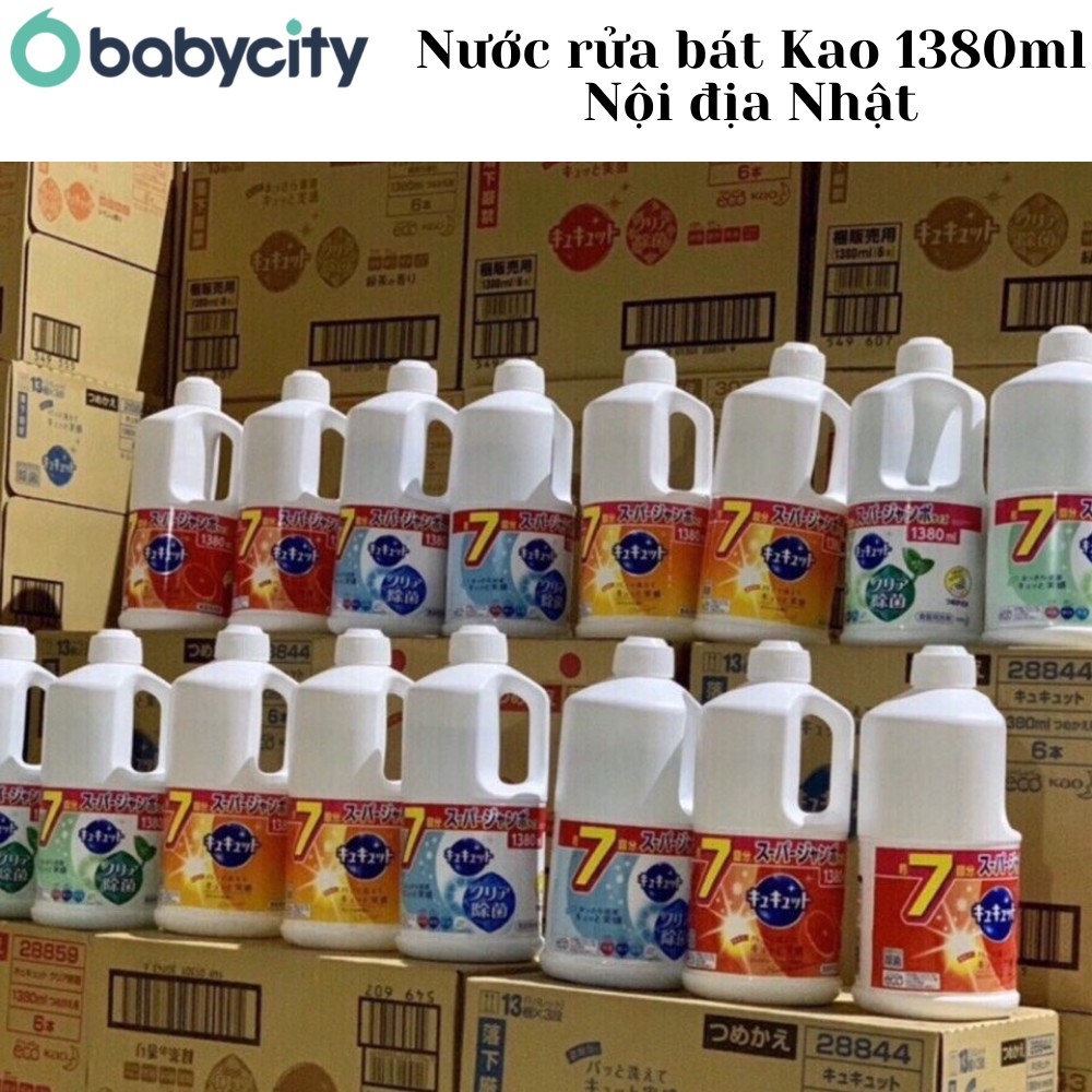 Nước rửa bát Kao diệt khuẩn, an toàn - không mùi, cam, nho, bạc hà, bưởi, trà xanh - Chai 1380ml - Hàng nội địa Nhật Bản