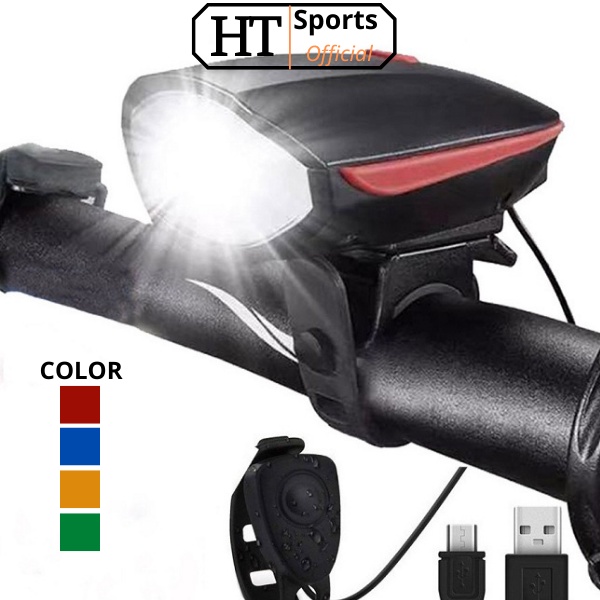 Đèn xe đạp thể thao HT Sports, đèn Led 3 chế độ siêu sáng còi to sạc USB chống nước
