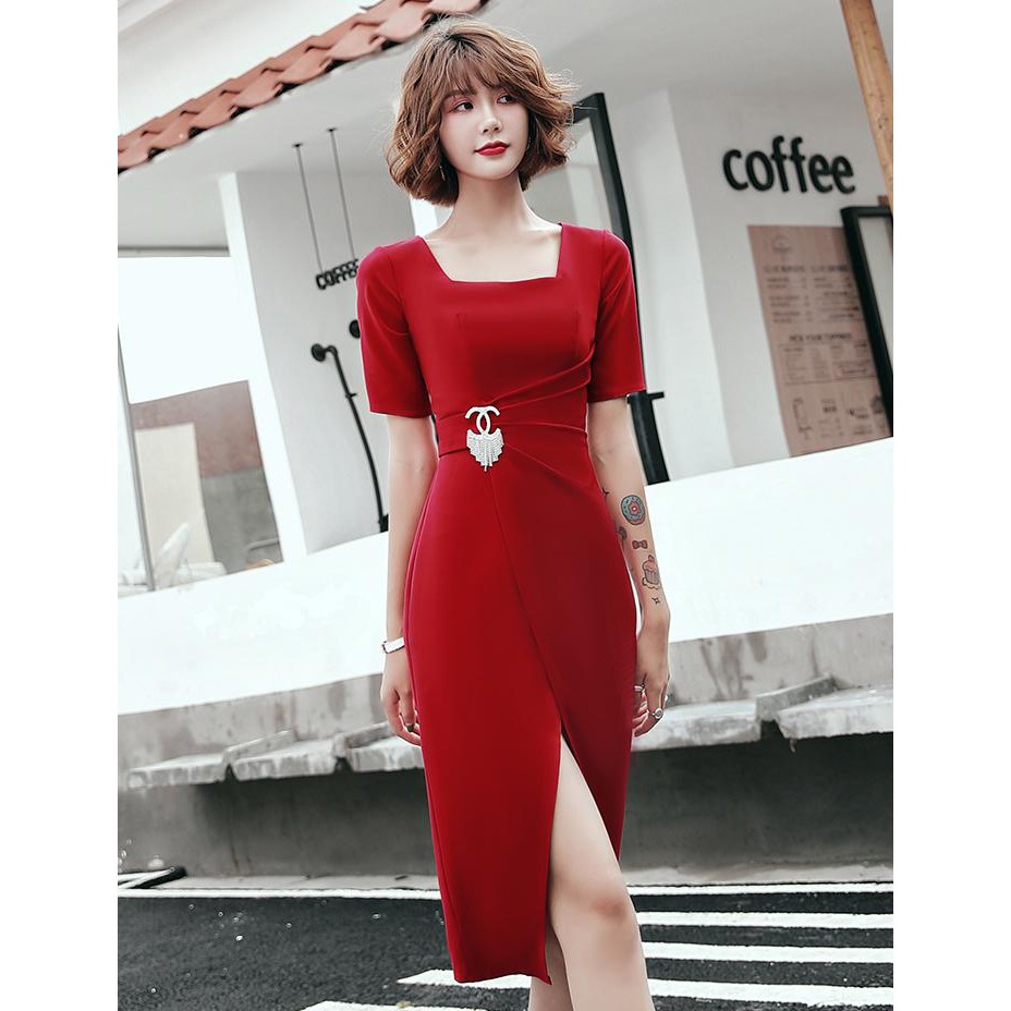 45-68KG- Đầm Ôm Nữ Body Xẻ Tà Dự Tiệc Cao Cấp Sang Trọng Vải Thun Co Giãn Tốt Màu Đỏ D3221
