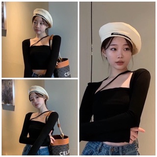Áo thun croptop tay dài cổ vuông phối kiểu dây chéo