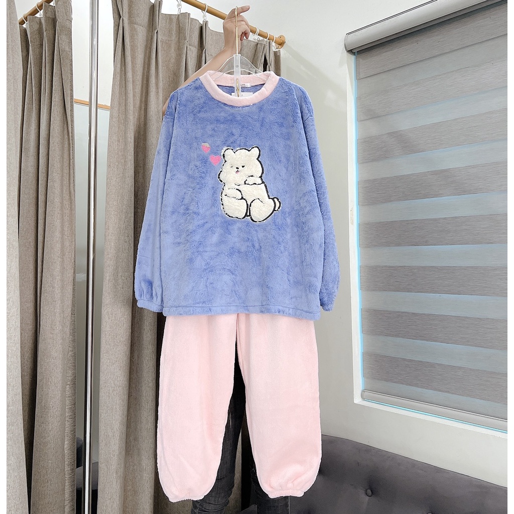 Bộ Lông Cừu Cao Cấp Unisex Nam Nữ Thêu Gấu Dáng Rộng Mặc Nhà Mùa Đông Ấm Uzzlang
