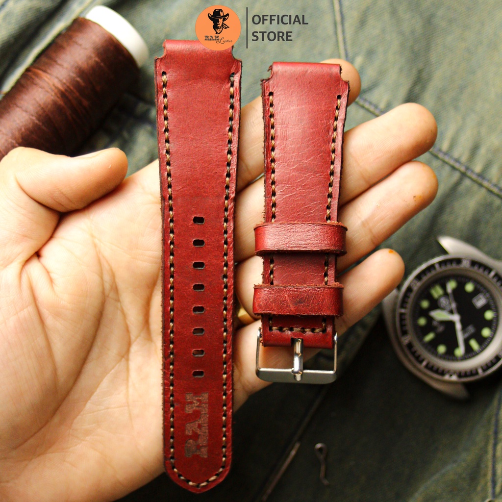 Dây Đồng Hồ Da Bò Màu Đỏ Đô Casio Ae 1200 / Seiko 5_Ram Leather Classic 1982