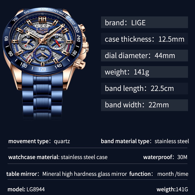 LIGE 8944 Men's Watch Fashion Stainless Steel Waterproof Analog Quartz