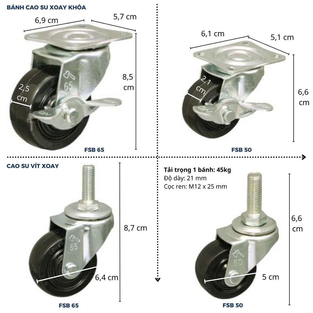 Bánh xe đẩy hàng cao su dày chịu lực NIKAWA  giảm ồn xoay 360 độ cao cấp 5cm, 10cm, 12cm hàng nhập khẩu giao hỏa tốc HN