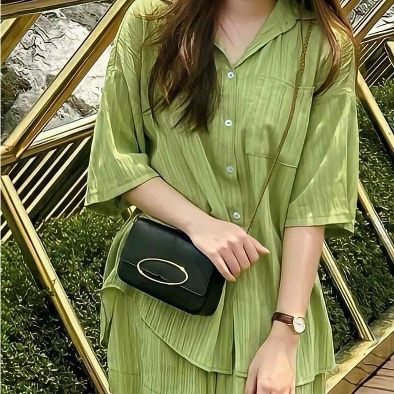 Set đồ nữ bộ đồ áo sơ mi cộc tay thắt nơ xẻ lưng kèm quần short chất đũi xốp siêu mát