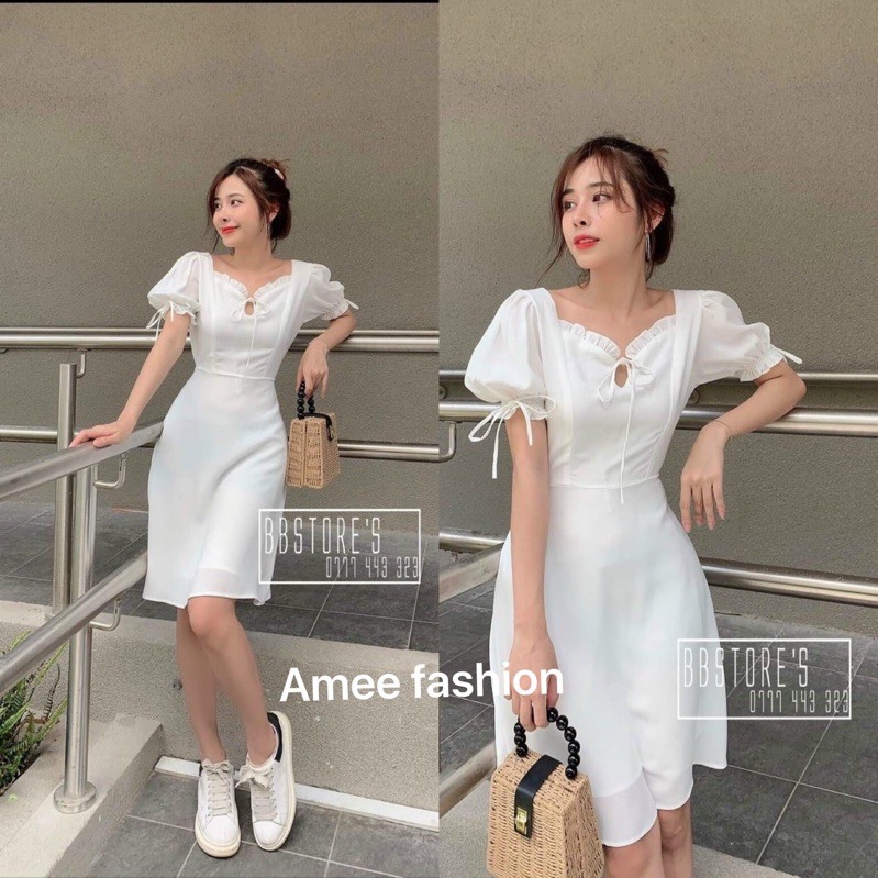 Váy đầm voan nữ tay con cột nơ màu trắng HT90