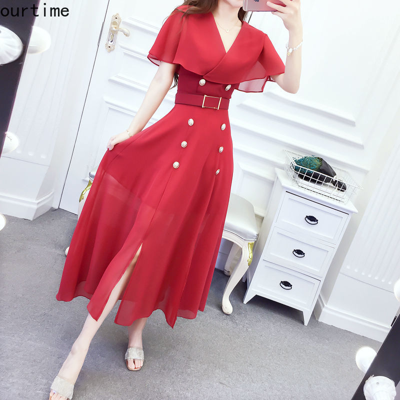 OT Đầm Maxi Vải Chiffon Cổ Chữ V Cài Nút Đôi Thời Trang Mùa Hè Cho Nữ