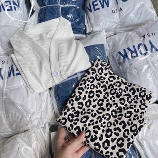 Set áo cổ V gân+chân váy beo