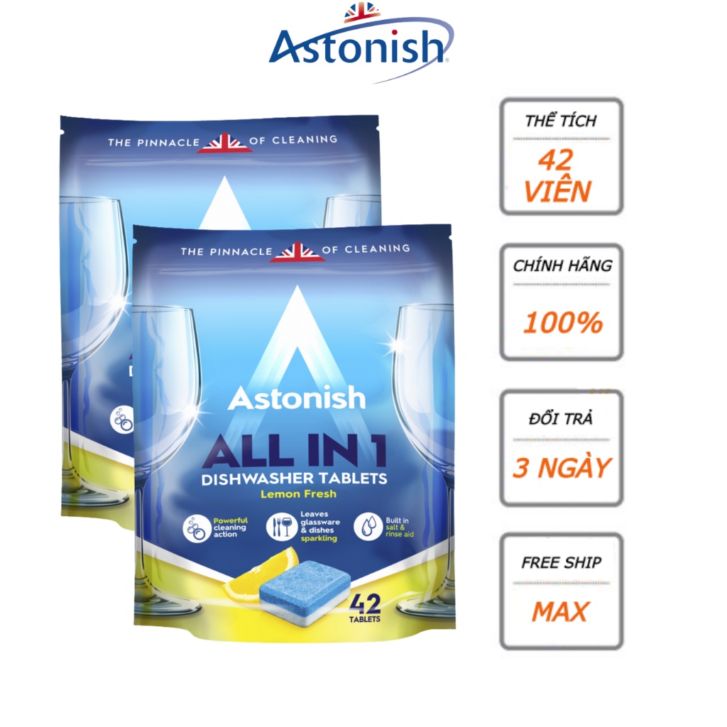 Viên rửa chén bát hữu cơ sinh học kết hợp muối và chất làm bòng để tẩy sạch dầu mỡ loại bỏ cặn canxi cặn vôi... Astonish