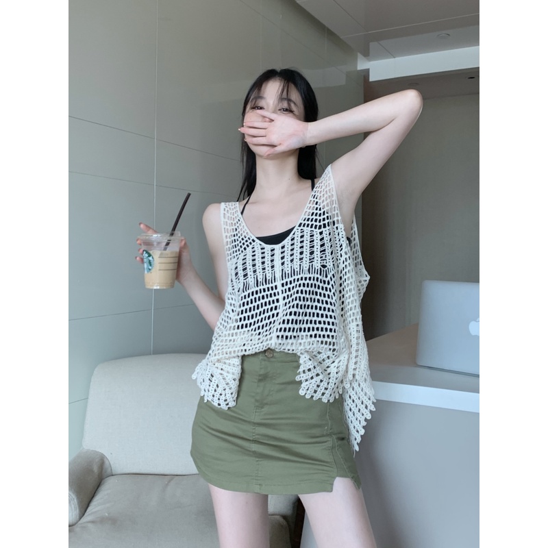 Cocory vn Áo Croptop Dệt Kim Cổ Chữ V Khoét Sâu Quyến Rũ