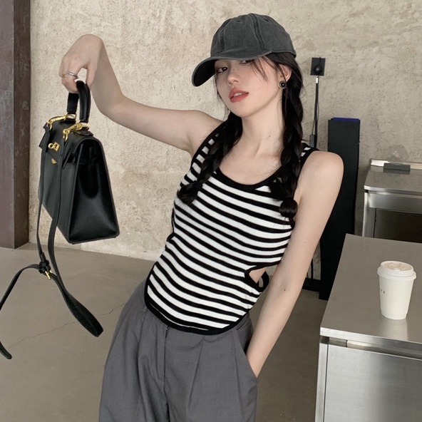 Áo ZHELIHANGFEI dệt kim không tay họa tiết kẻ sọc cho nữ