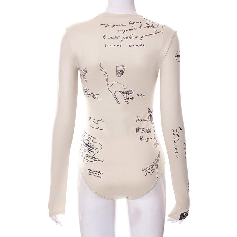 Bộ Áo Liền Quần Tay Dài Cổ Tròn Dáng Ôm In Họa Tiết Nghệ Thuật Thời Trang Cho Nữ