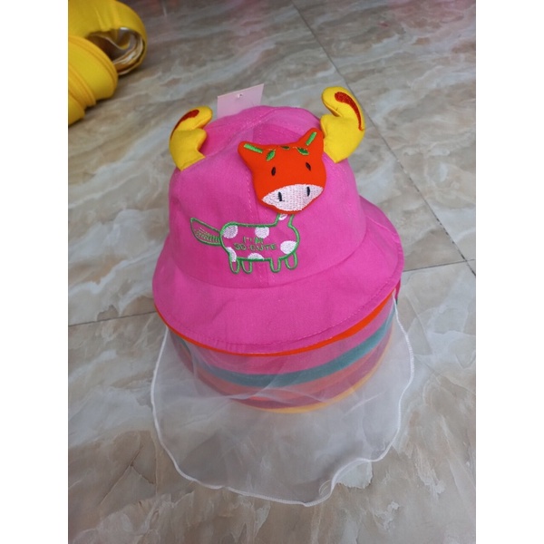 Mũ hình trâu kèm khăn voal bé 3-18 tháng