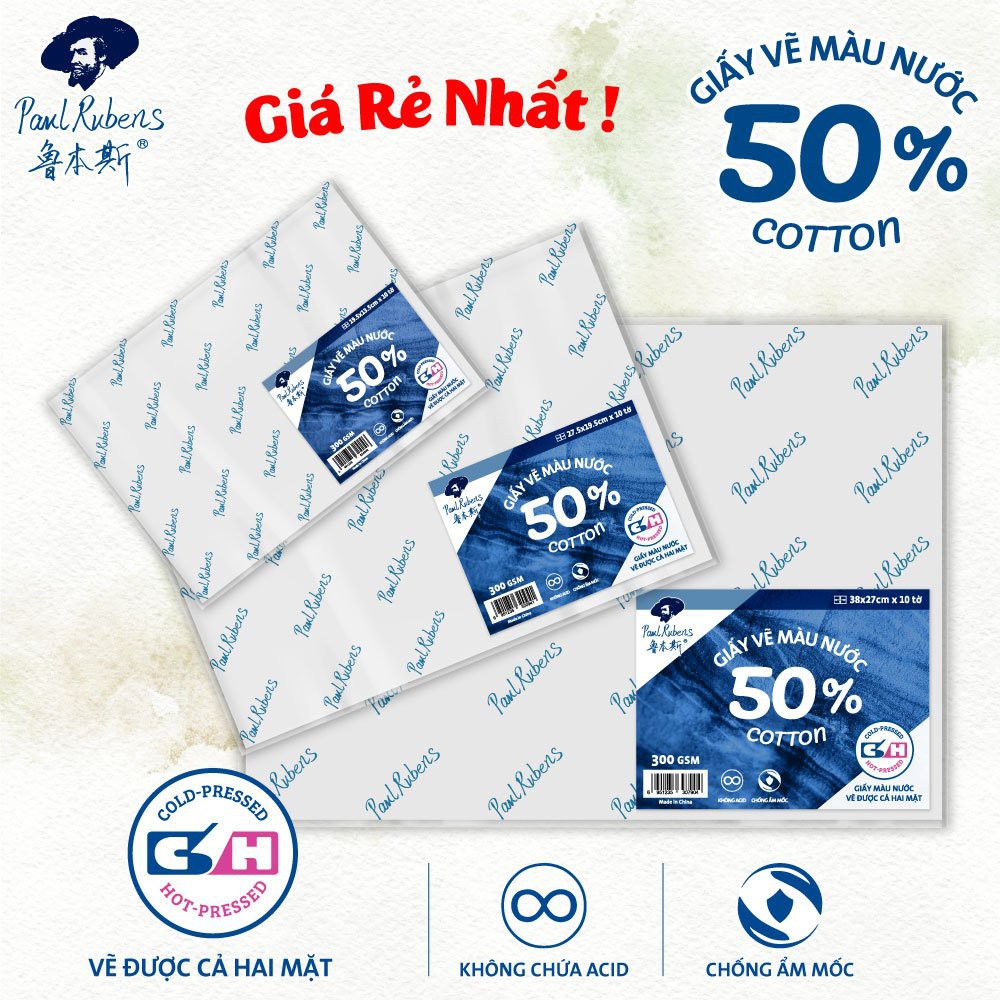 TẬP 10 tờ Giấy Vẽ Màu Nước Paul Rubens 50% cotton ( 300gms ) khổ giấy A3/A4/A5 lỡ