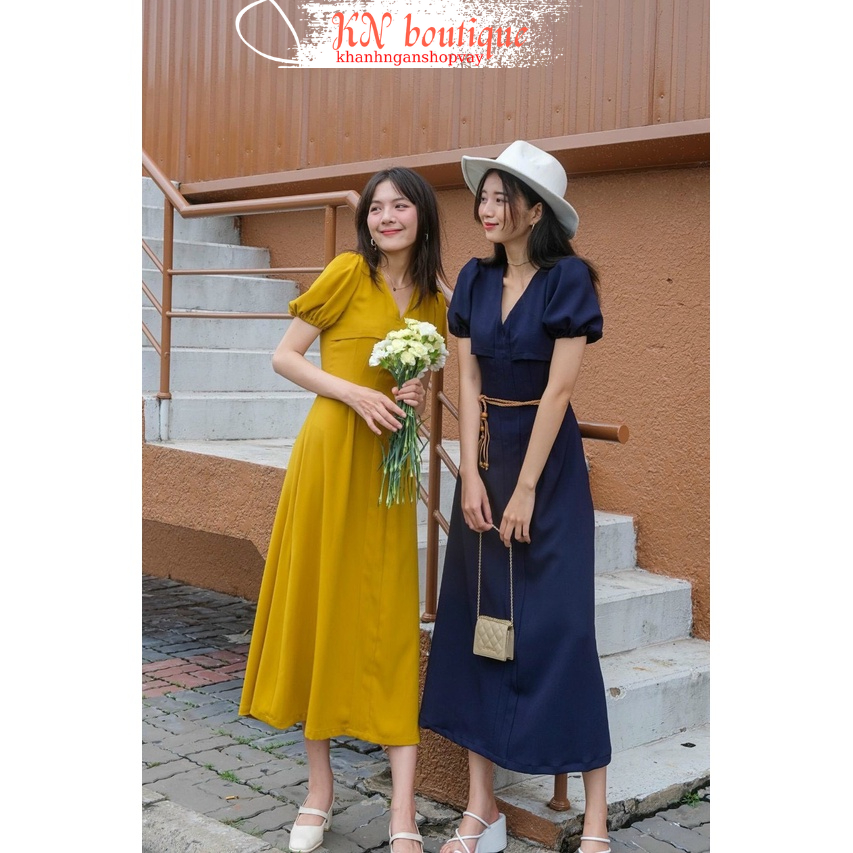 Váy vàng dự tiệc đầm dạo phố công sở cổ tim dáng dài kín đáo xinh K N Boutique