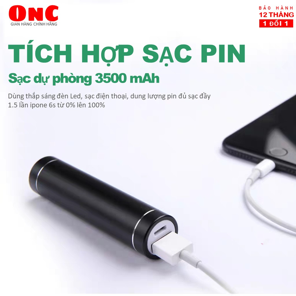 Đèn pin siêu sáng tích hợp pin dự phòng 3500mAh, OnC Flash Light nhỏ gọn, Chính hãng