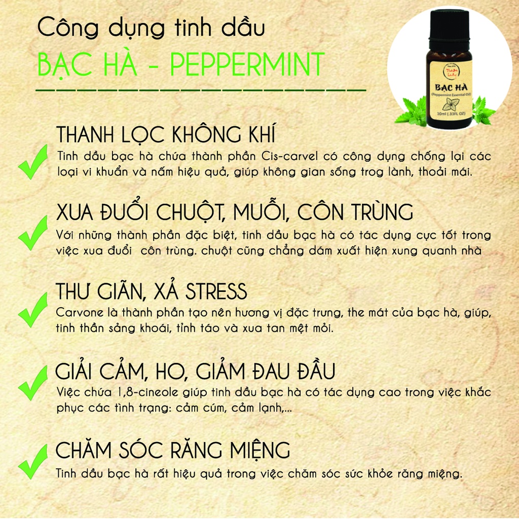 Tinh dầu Bạc Hà nguyên chất 20ml, đuổi muỗi, côn trùng, khử mùi, thơm phòng, treo xe - Thuốc Bắc Lãn Ông