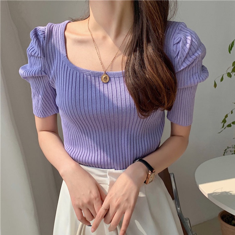 Áo Thun Dệt Kim Màu Trơn Xinh Xắn Cho Nữ 185245 Áo Thun Ôm Cổ Vuông Tay Phồng Đơn Giản Thời Trang Mùa Hè