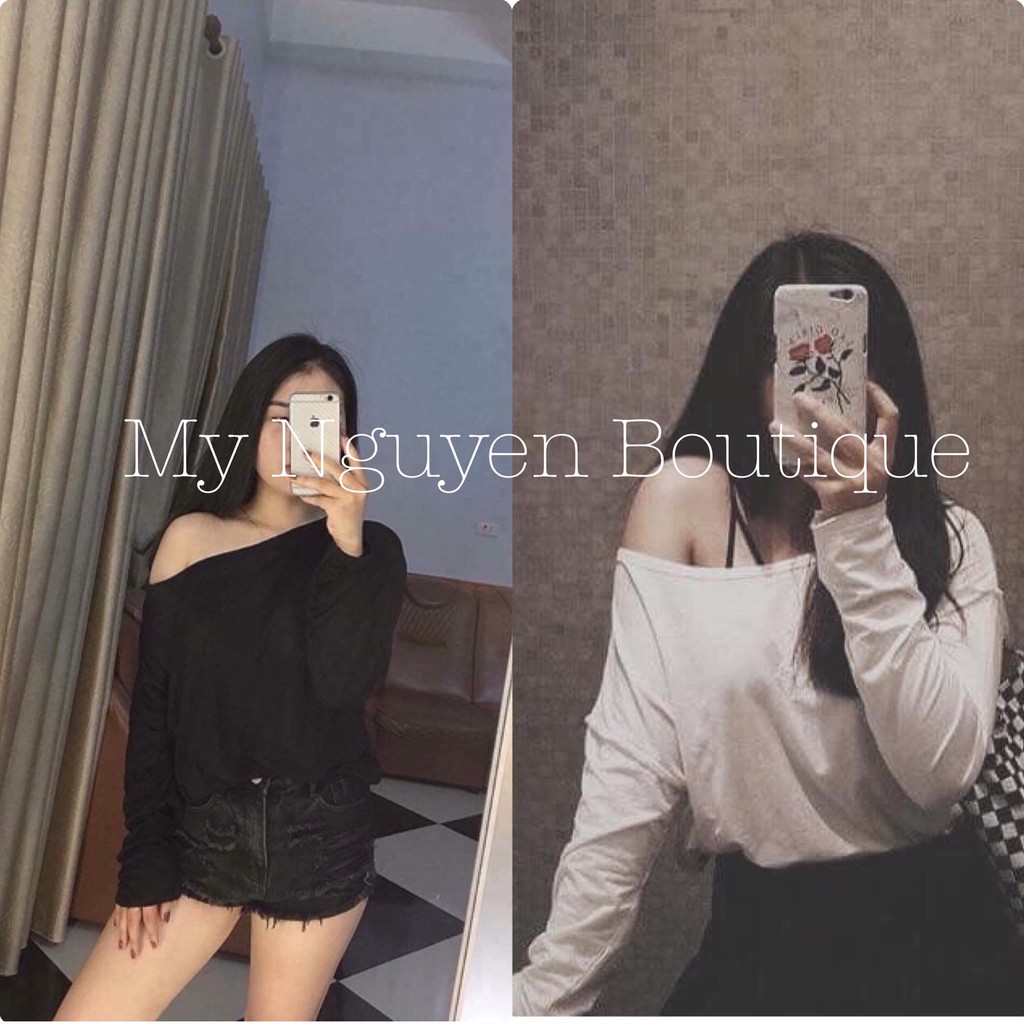 Áo Thun Xước Lệch Vai Dài tay Nữ [FREESHIP] 🌸 Áo phông giấy mỏng dáng suông ôm bánh bèo tiểu thư ulzzang sexy HOT 🌸