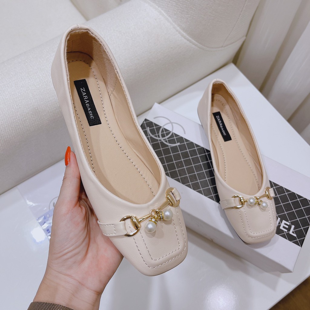 Giày búp bê nữ phối quai ngọc mũi vuông xinh xắn