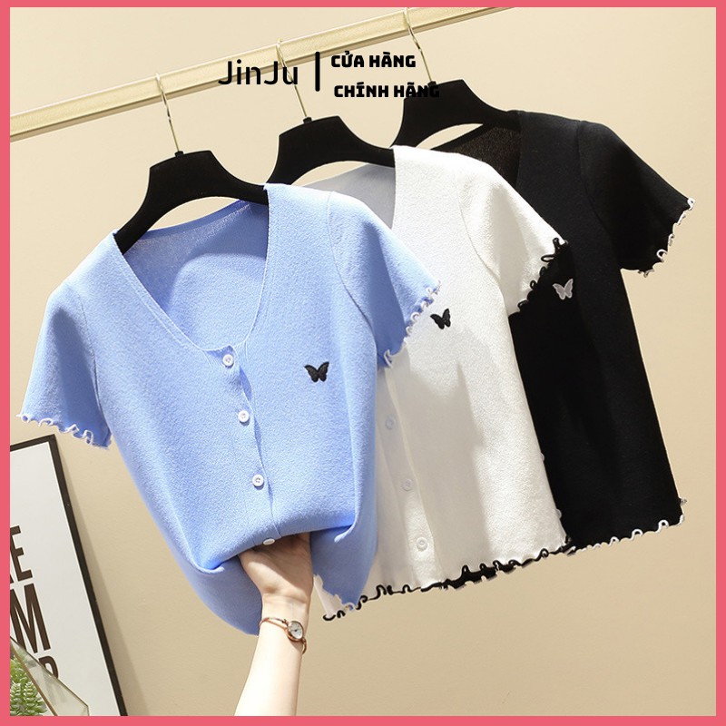 Áo croptop kiểu, áo sơ mi kiểu  tay ngắn dáng ôm co giãn free size cho nữ, chất len tăm cao cấp- JinJu | BigBuy360 - bigbuy360.vn