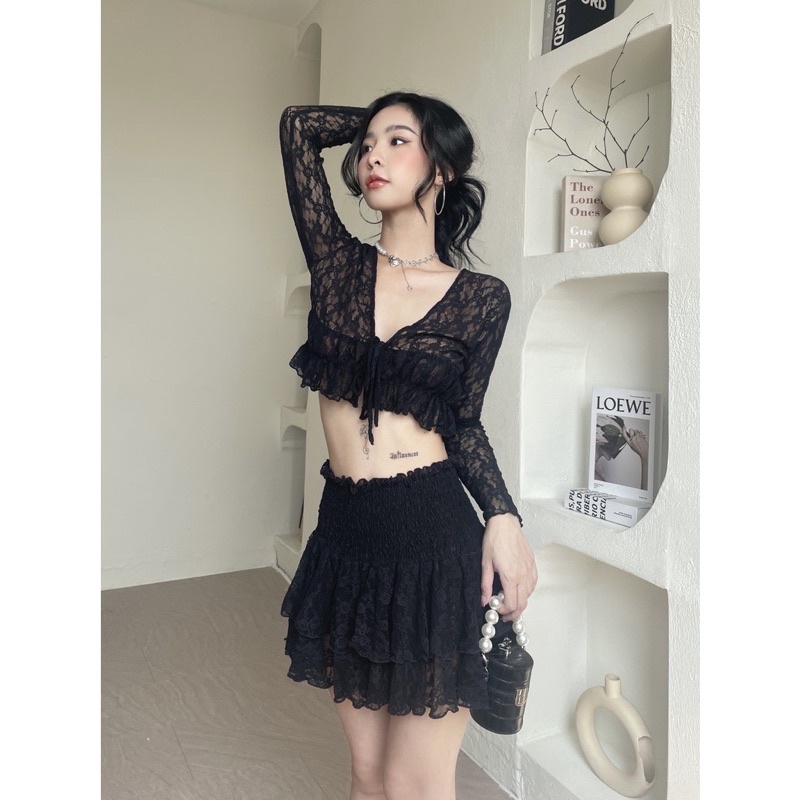 Set áo croptop dài và chân váy nhún