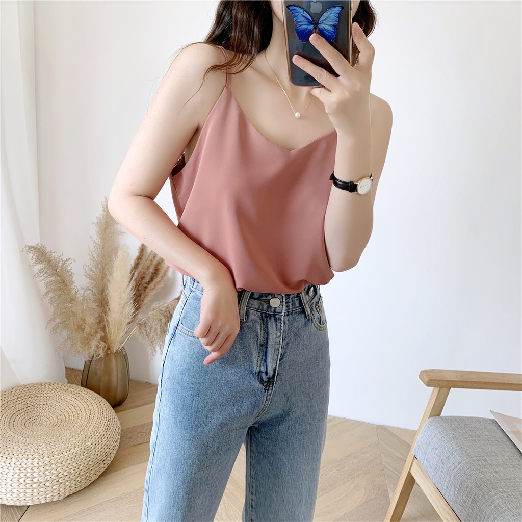 Áo Dây Kiểu SANJOLI Áo Lụa 2 Dây Nữ Kiểu Dáng Cổ V Sợi Bún Cao Cấp Thiết Kế Mùa Hè Hàn Quốc AO003 | BigBuy360 - bigbuy360.vn